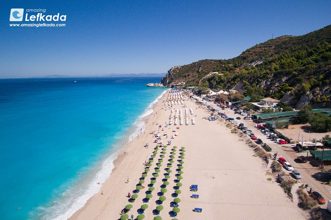 Kathisma beach in Lefkada, aerial drone photo