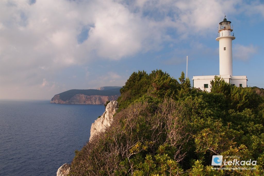 Lefkada lighthouse with the cliffs of the island