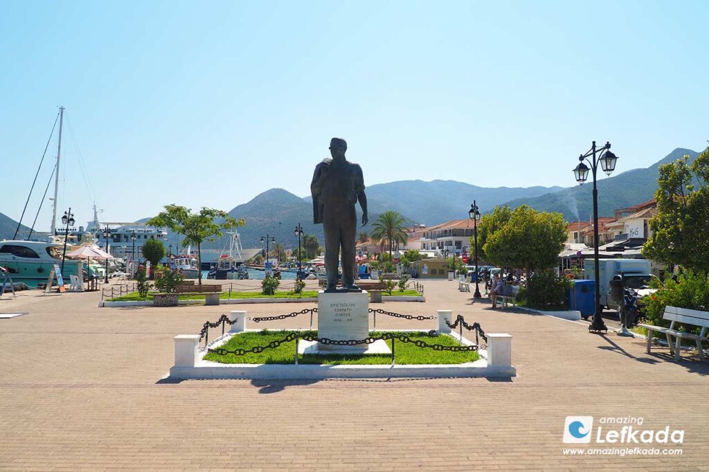 Nidri seaside promande with Aristotle Onassis statue