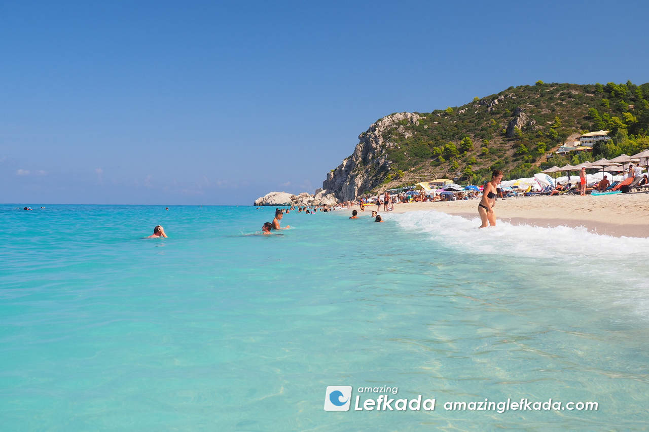 Blue sea at Paralia Kathisma beach with snorkeling and diving