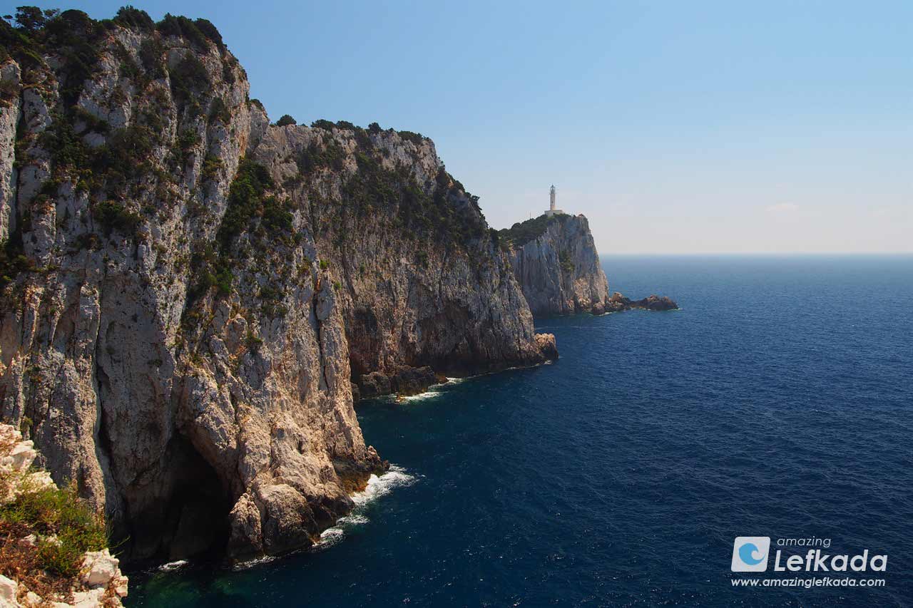 View to Lefkada Lighthouse Cape Doukato Akrotiri, steep cliffs