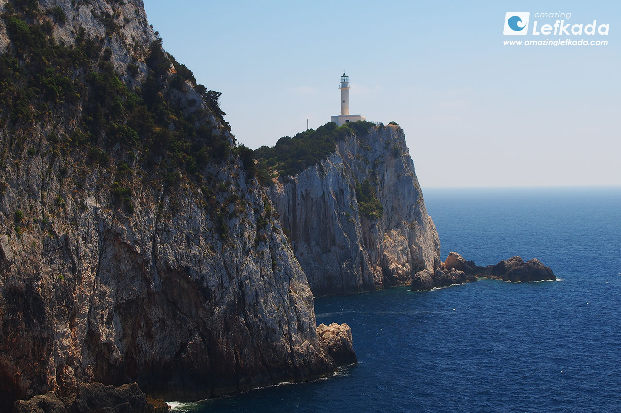 Lefkada lighthouse with Cape Lefkatas and Cape Doukato