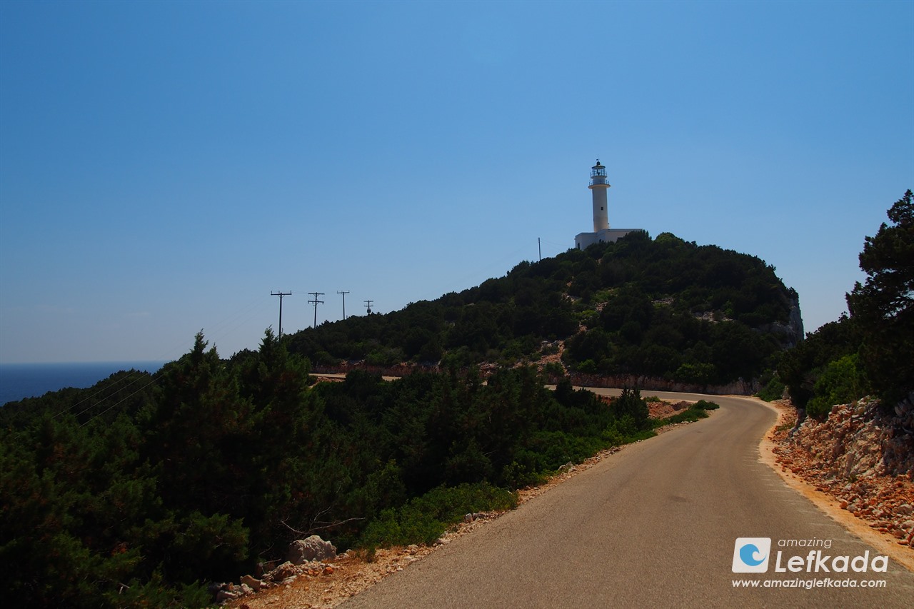 Road leads to Lefkada lighthouse, parking and viewpoint
