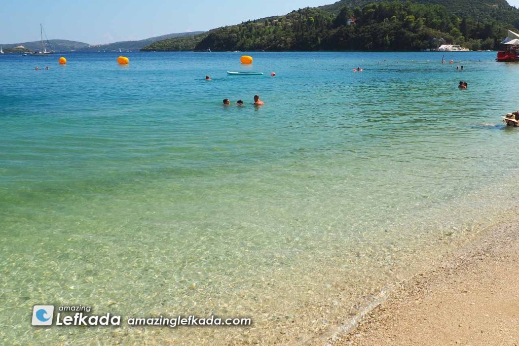 Sea colours and shallow sea for kids in Nidri beach, Lefkada Island