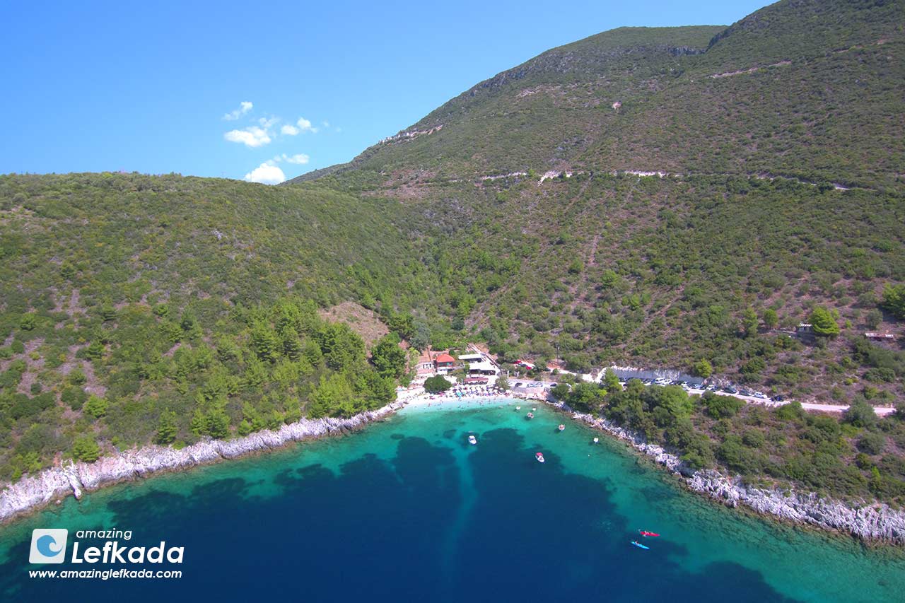 Panoramic view to Afteli beach from above, parking lot and restaurant