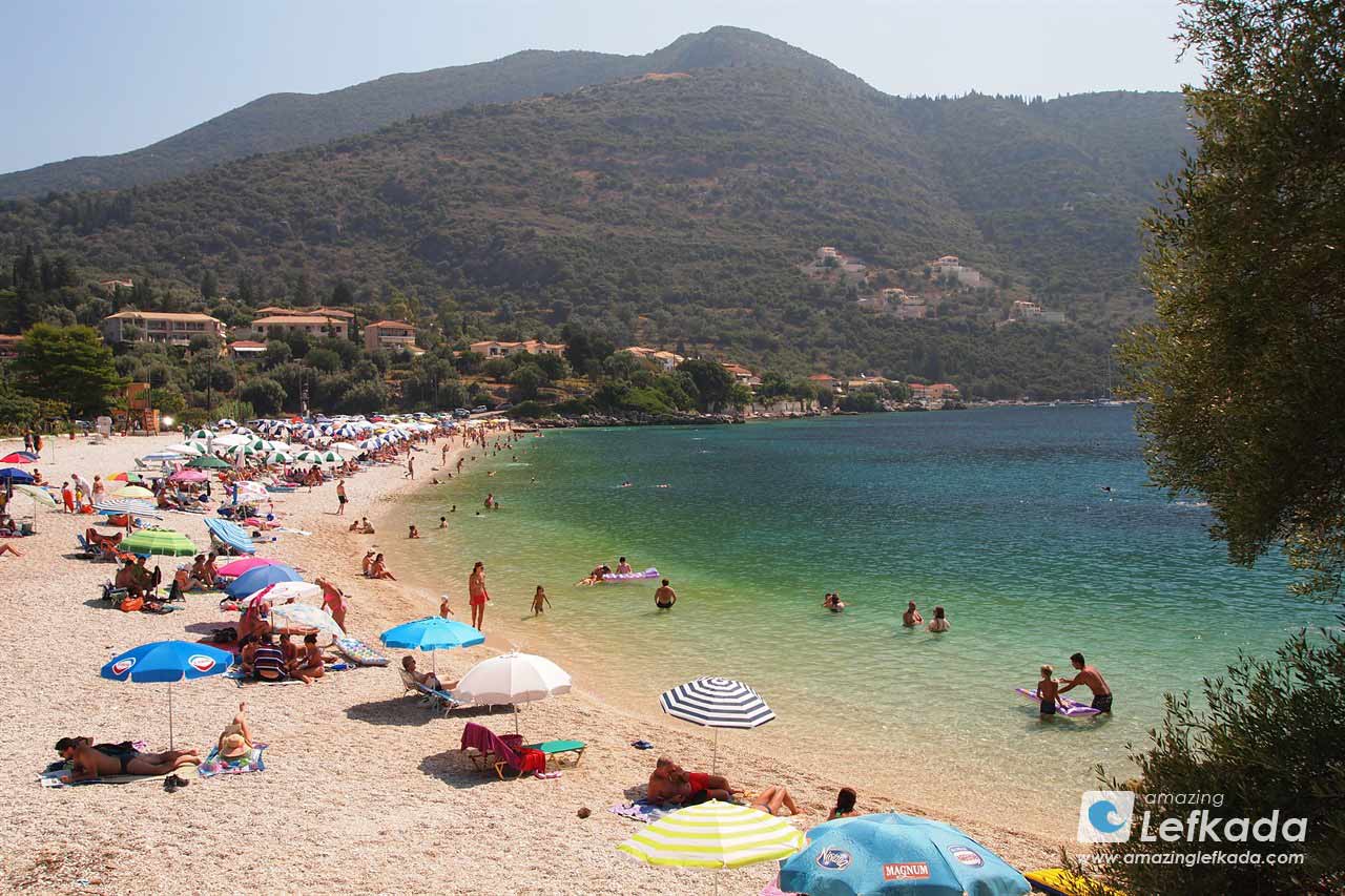 View to Mikros Gialos beach sunbeds