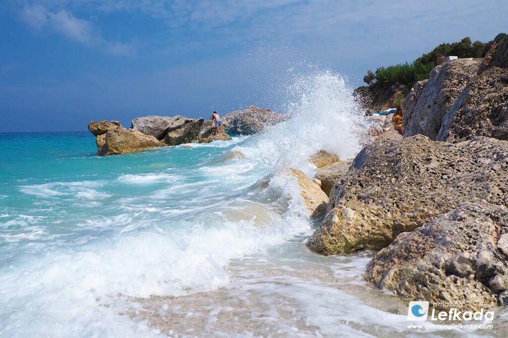Blue Lefkada Island waves at Kavalikefta beach are beautiful Blue Lefkada Island waves at Kavalikefta beach