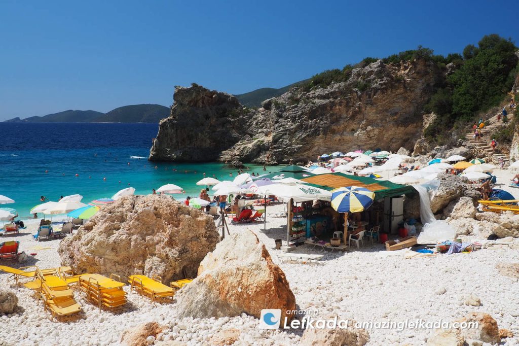 What to see at Agiofili beach near Vasiliki village in Lefkada Island with restaurant and bar