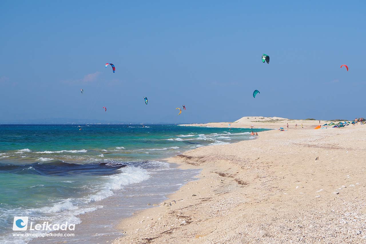 Best kitesurf spot of Lefkada Island, Agios Ioannis beach near Gira