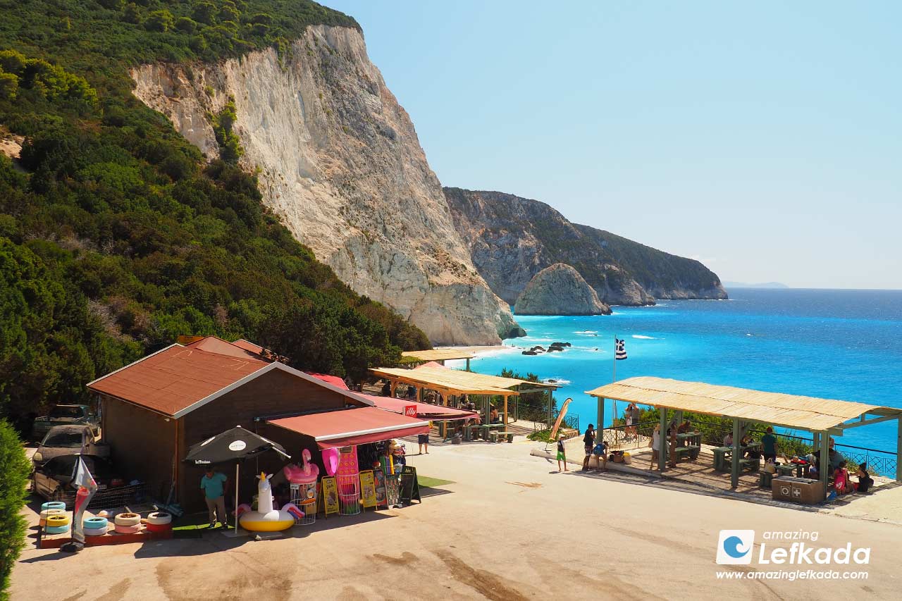 Coffee bars and lookouts of Porto Katsiki beach from above