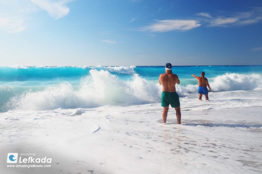 Best big blue waves of Kathisma beach in Lefkada Island