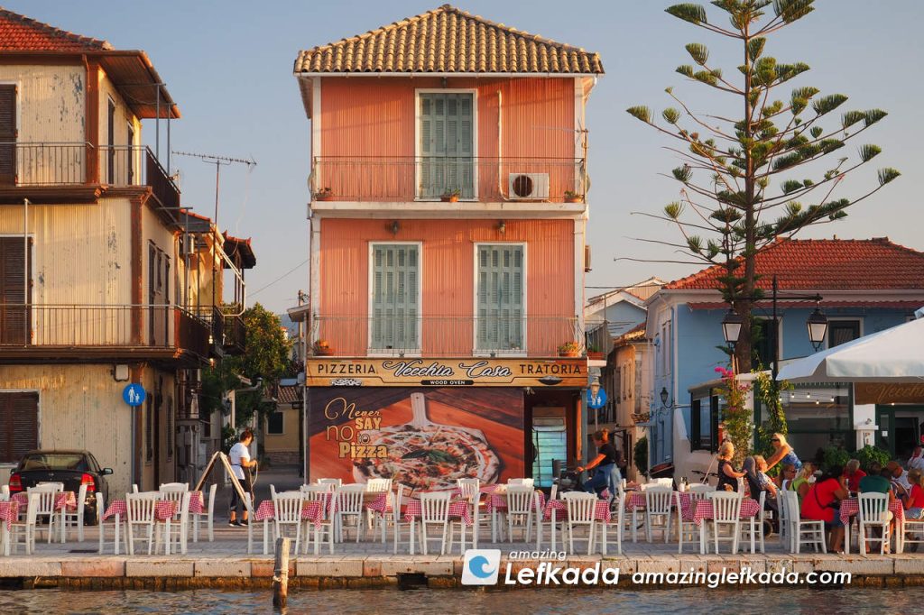Lefkada old town with Venetian style houses and restaurants
