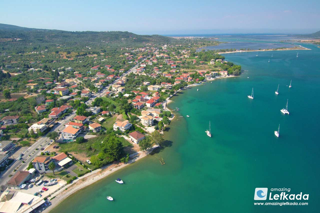 Best Ligia beaches and view to the village by aerial drone photo in Lefkada Island