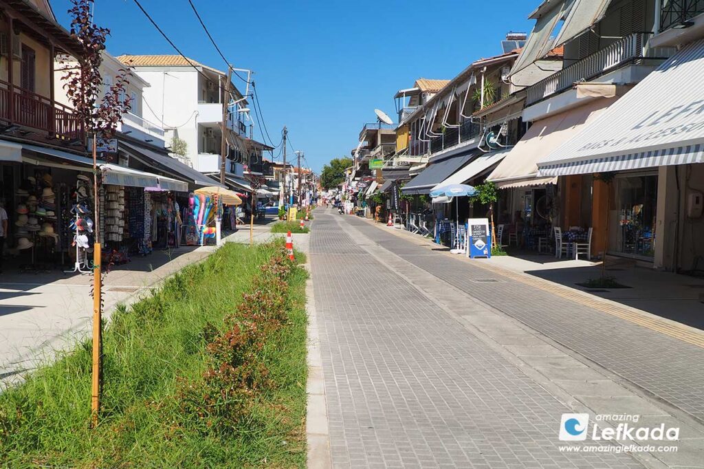 Nidri center and pedestrian road in Lefkada island