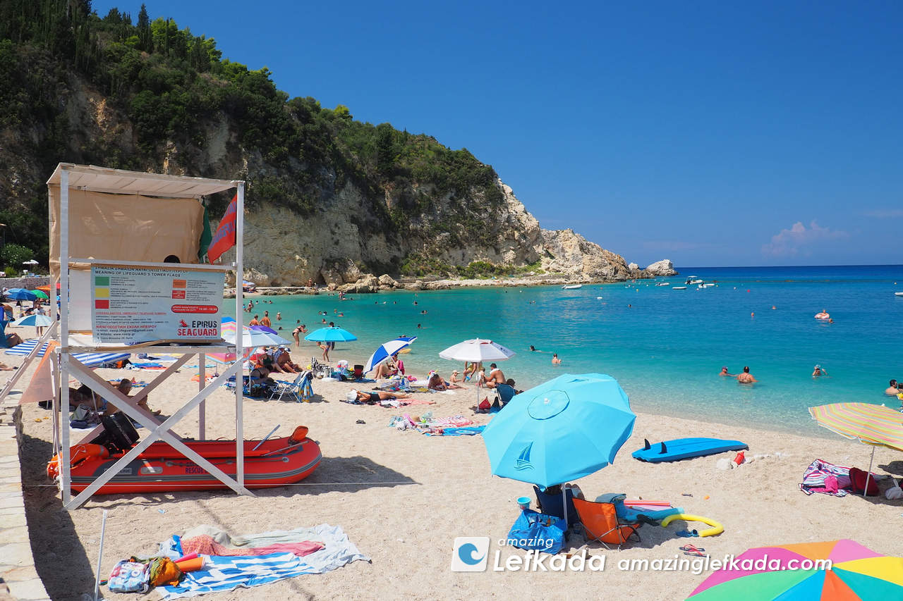 Agios Nikitas beach with shallow sea and blue colours Paralia Agios Nikitas beach with shallow sea and blue colours