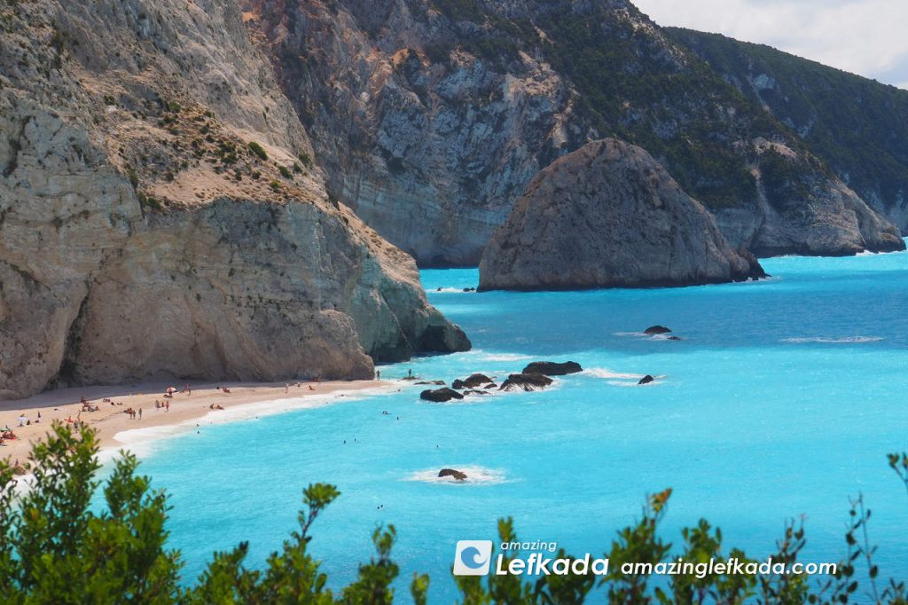 Blue colours of Porto Katsiki beach with the high walls