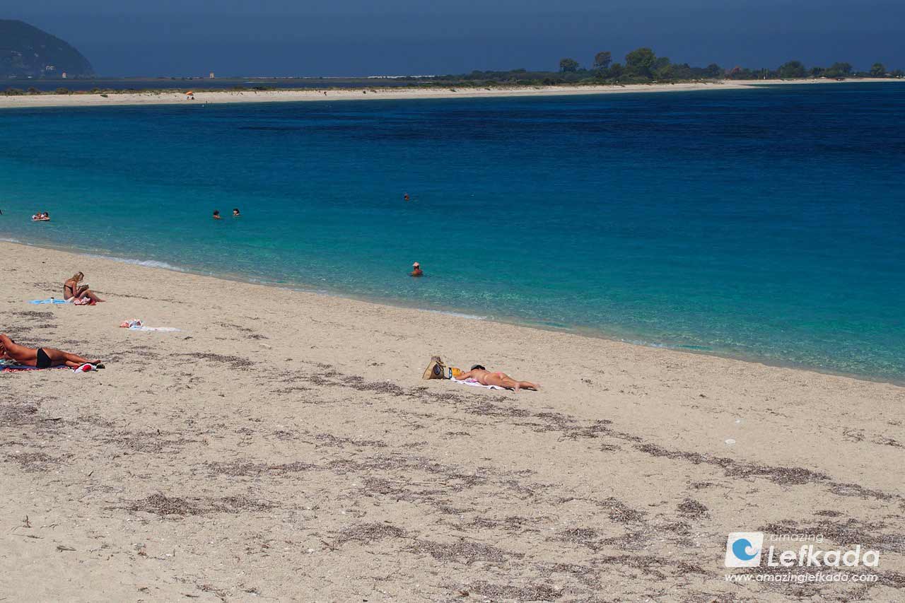 Shallow blue sea of Kastro beach for children in Lefkada