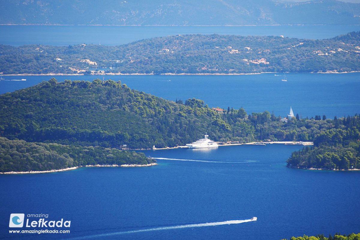 Panoramic view to Skorpios island Onassis  from Lefkada