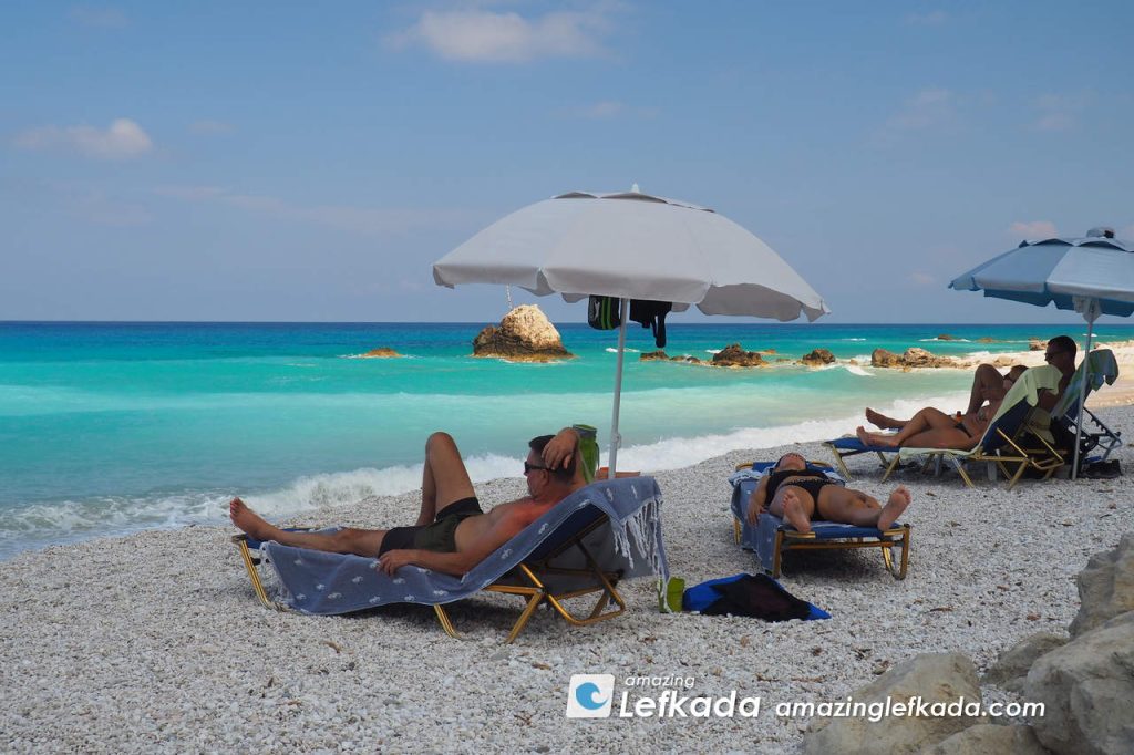 Sunbeds for rent at Gaidaros beach in Lefkada