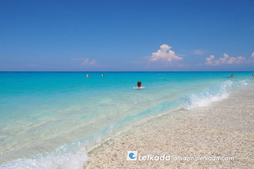 Blue colours of Mylos beach in Lefkada Island west coast