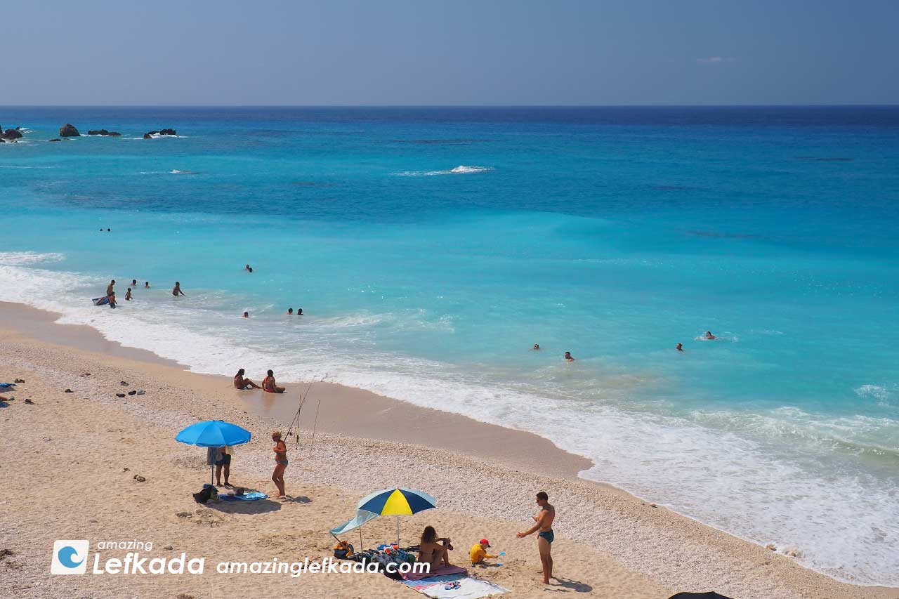 Blue colours of Lefkada beaches with white sand