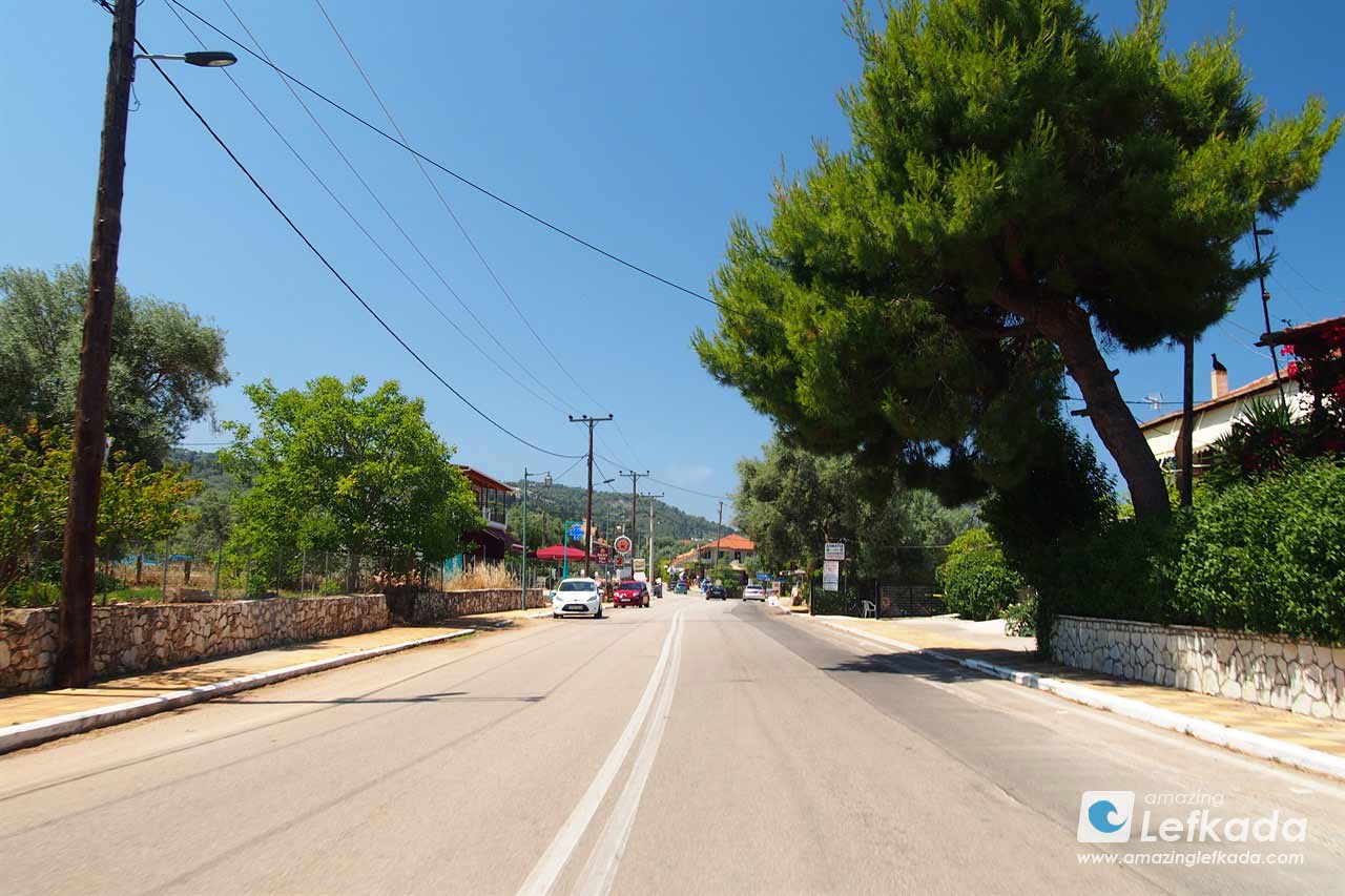 Main street of Tsoukalades in Lefkada with town center, restaurants and bakery