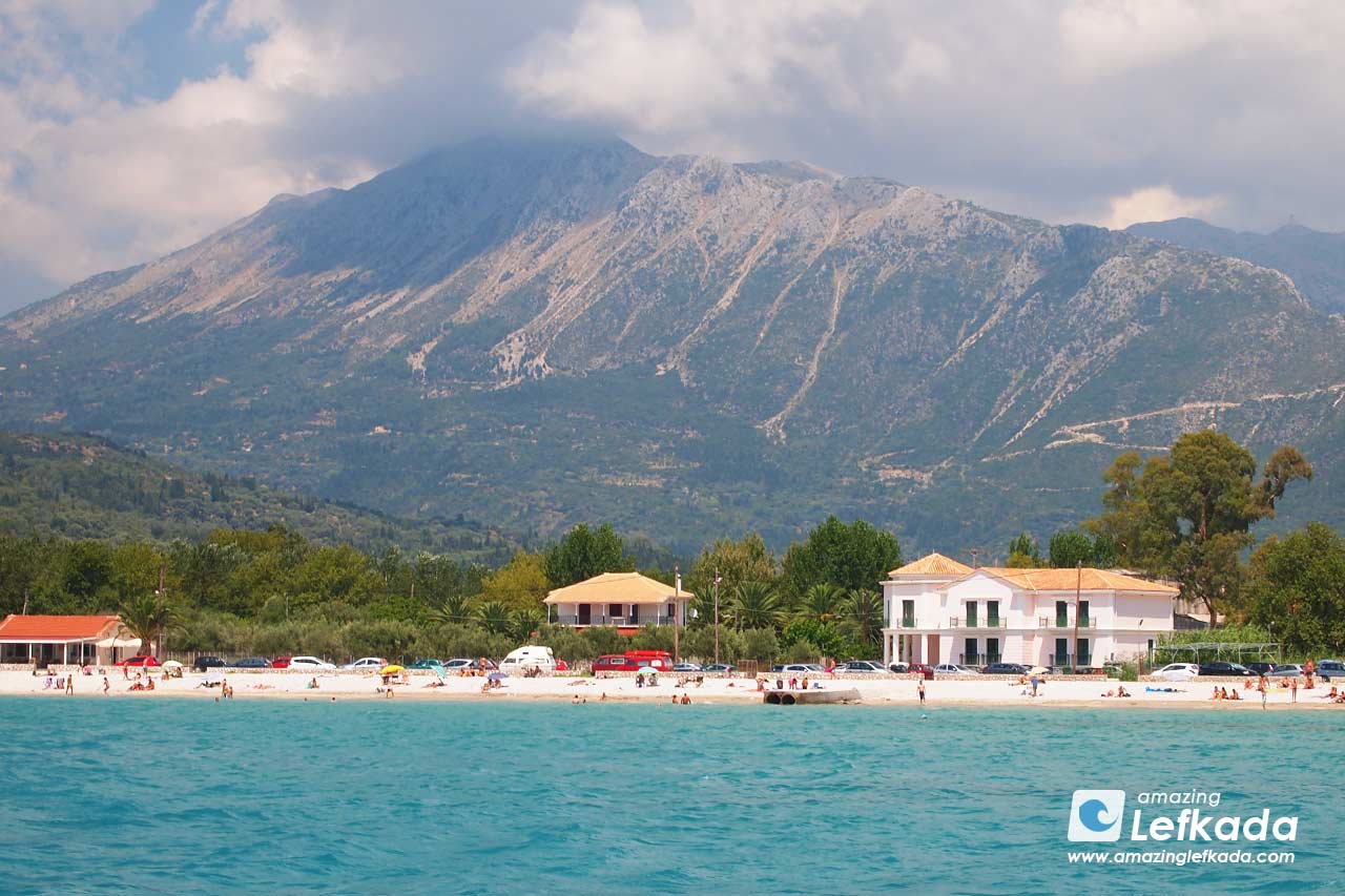 Apartments and restaurants behind Vasiliki beach