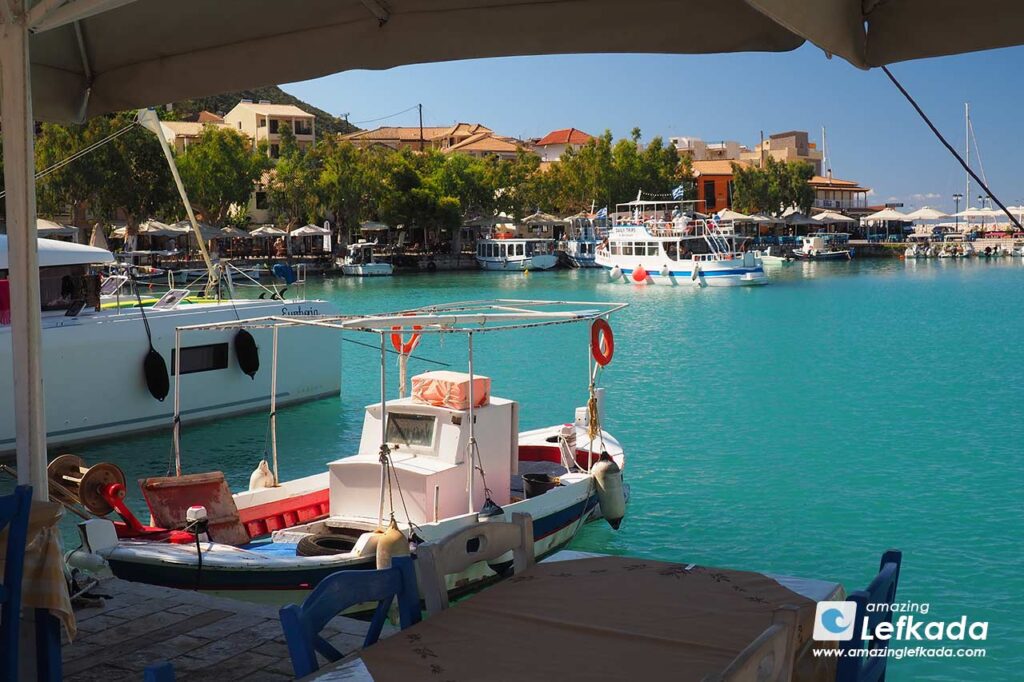 Vasiliki center with boats and restaurants Vasiliki village center for sighseeing, port and boats