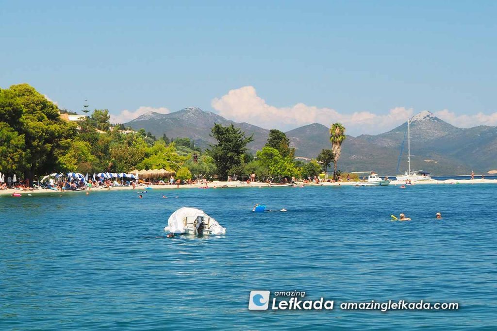 Snorkeling and view to beach of Nidri in Lefkada Greece