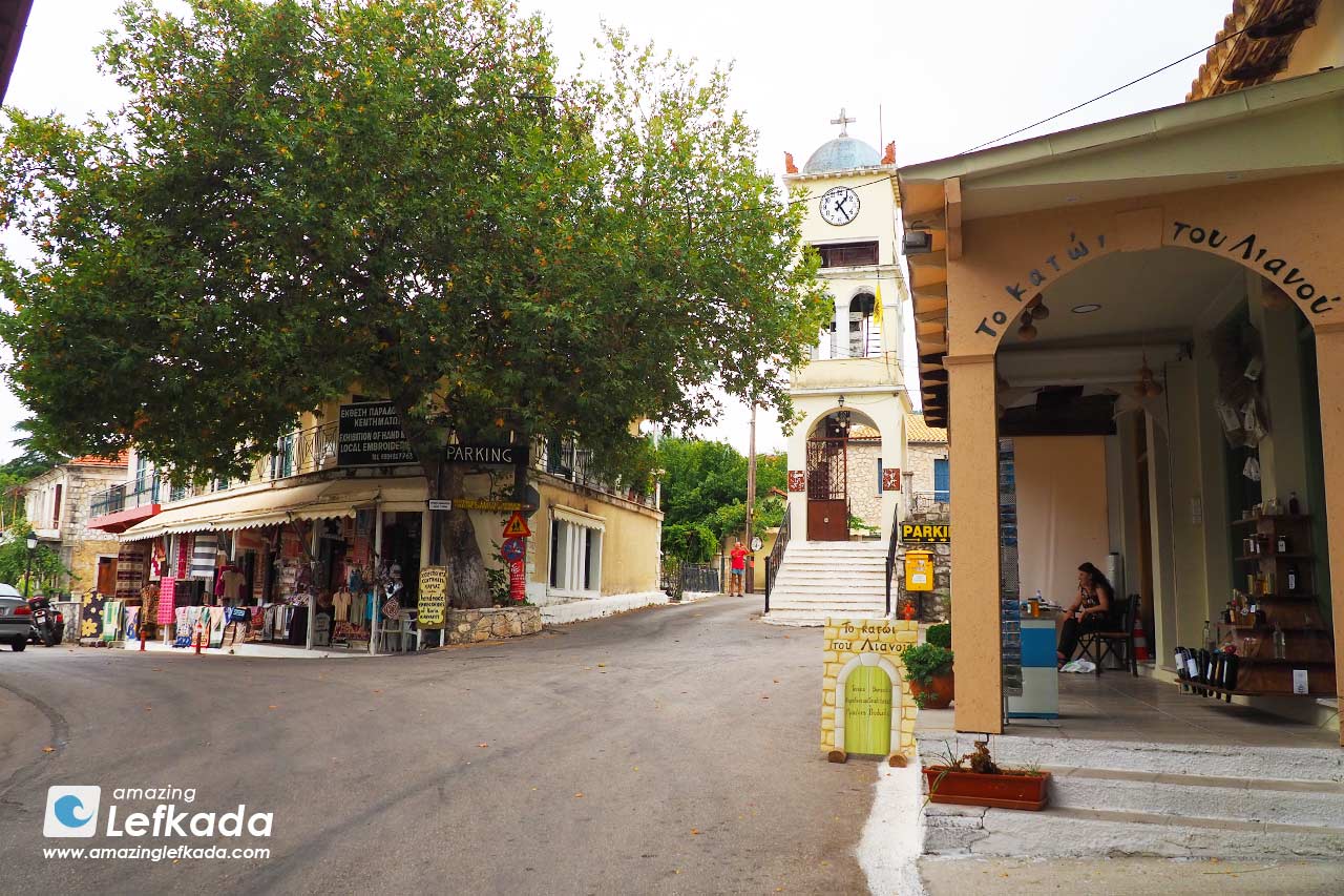 Center of Karya with parking lots and church
